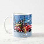 Christmas Vintage Red Truck w/ Dogs Monogram Name Coffee Mug<br><div class="desc">This personalised holiday coffee mug is a unique gift to give to friends and family. The design features a red vintage pickup truck with golden retriever dogs and a Christmas tree in the back. Customise with a name. Designed by world renowned artist ©Tim Coffey.</div>