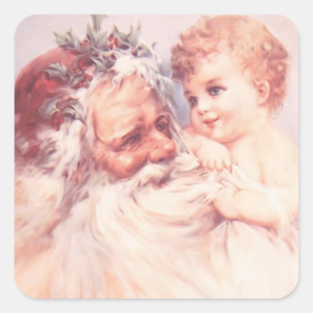 Christmas Vintage Santa Claus Holding Child Square Sticker (Front)