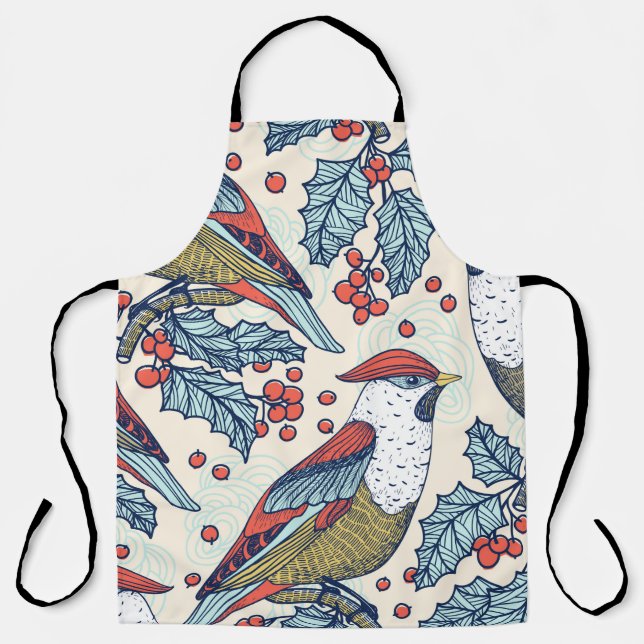 Christmas vintage seamless pattern with waxwings a apron (Front)