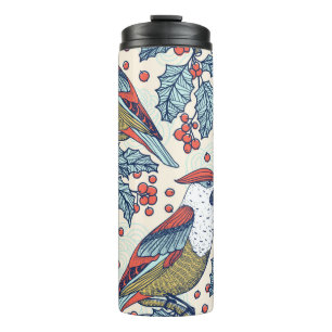 Christmas vintage seamless pattern with waxwings a thermal tumbler