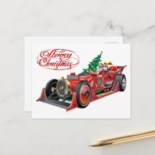 Christmas vintage sport car postcard