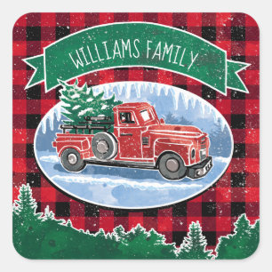 Christmas Vintage Truck Add Name Square Sticker