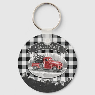 Christmas Vintage Truck Black Buffalo Plaid Name Key Ring