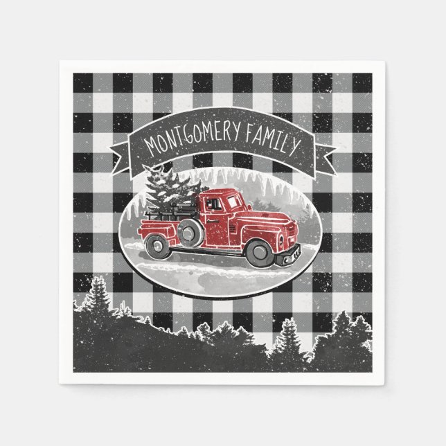 Christmas Vintage Truck Black Buffalo Plaid Name Napkin (Front)