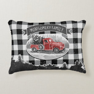 Christmas Vintage Truck Black White Buffalo Check Decorative Cushion