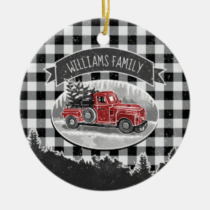 Christmas Vintage Truck Buffalo Plaid Photo Name Ceramic Ornament