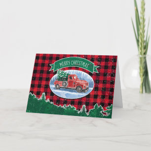 Christmas Vintage Truck Red Buffalo Plaid Photo Holiday Card