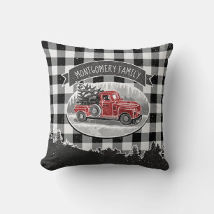 Christmas Vintage Truck White Black Buffalo Check Cushion