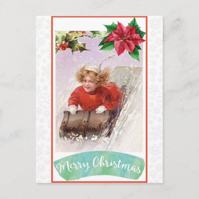 Christmas Vintage Victorian Winter Snow Sledding Postcard (Front)