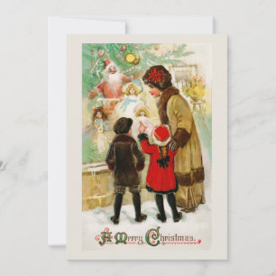 Christmas Vintage Woman & children window shopping Holiday Card