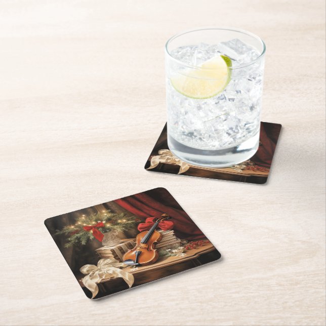 Christmas Violin Music Square Paper Coaster (Insitu)