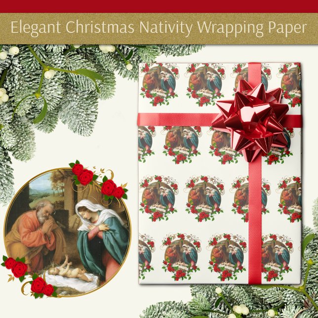 Christmas Virgin Mary Baby Jesus Joseph Nativity Wrapping Paper (Traditional Christmas Nativity Scene of the Birth of Jesus with red roses )