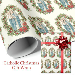 Christmas Virgin Mary Jesus Poinsettia Rosary Wrapping Paper