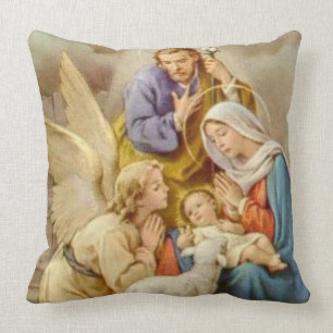 Christmas Virgin Mary, St. Joseph, Jesus, & angel Cushion