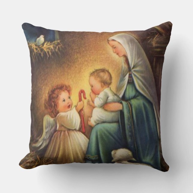 Christmas Virgin Mary with Christ Child & Angel Cushion (Front)