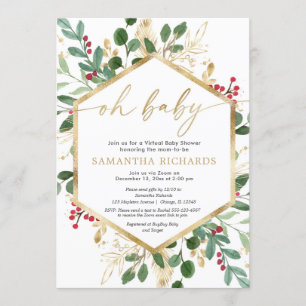 Christmas Virtual Baby Shower gold red holly berry Invitation