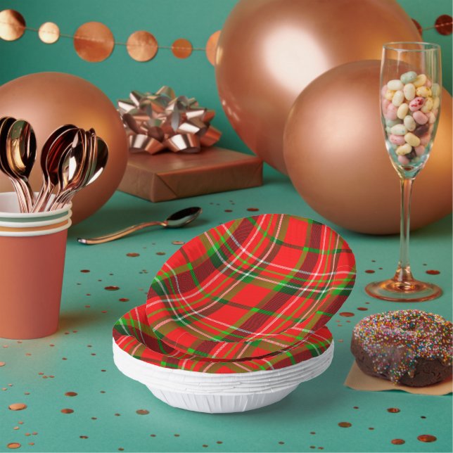 Christmas Vivid Red Green Geometric Tartan Pattern Paper Plate (Multi)