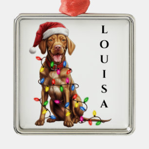 CHRISTMAS VIZSLA DOG WITH STRING OF LIGHTS METAL ORNAMENT