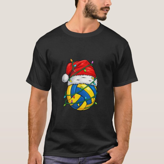 Christmas Volleyball Santa Hat Lights Colorful Fun T-Shirt (Front)