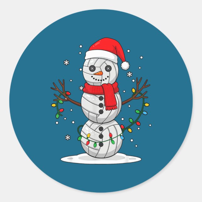 Christmas Volleyball Snowman Santa Hat Funny Holid Classic Round Sticker (Front)