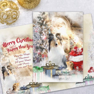 Christmas w/ Collie & Kitten - all-over decorated Holiday Card