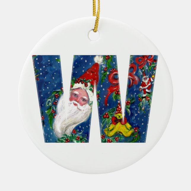CHRISTMAS W LETTER / SANTA CLAUS WITH RED RIBBON CERAMIC TREE DECORATION (Front)