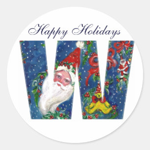 CHRISTMAS W LETTER / SANTA CLAUS WITH RED RIBBON CLASSIC ROUND STICKER