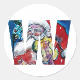 CHRISTMAS W LETTER  / SANTA WITH VIOLIN MONOGRAM CLASSIC ROUND STICKER