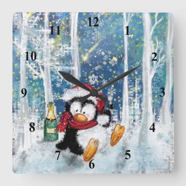 Christmas Wall Clock with Happy Party Penguin (Front)