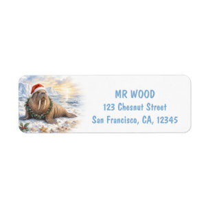 Christmas Walrus with Santa Hat Watercolor Return Address Label