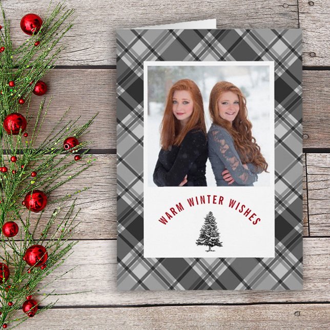 Christmas Warm Wishes Spruce Tree Plaid Photo  Holiday Card (Creator Uploaded)