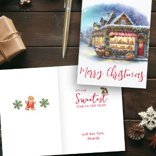 Christmas Watercolor Bakery at Night Holiday Card