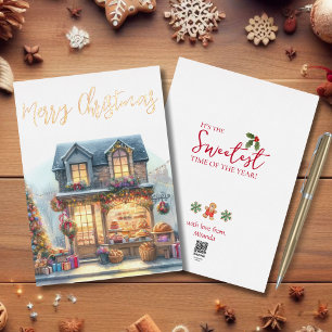 Christmas Watercolor Bakery Snowing Storefront Foil Holiday Card