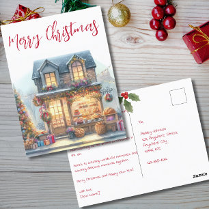 Christmas Watercolor Bakery Snowing Storefront  Postcard