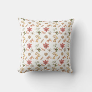 Christmas Watercolor Bells and Bows Pattern Pillow