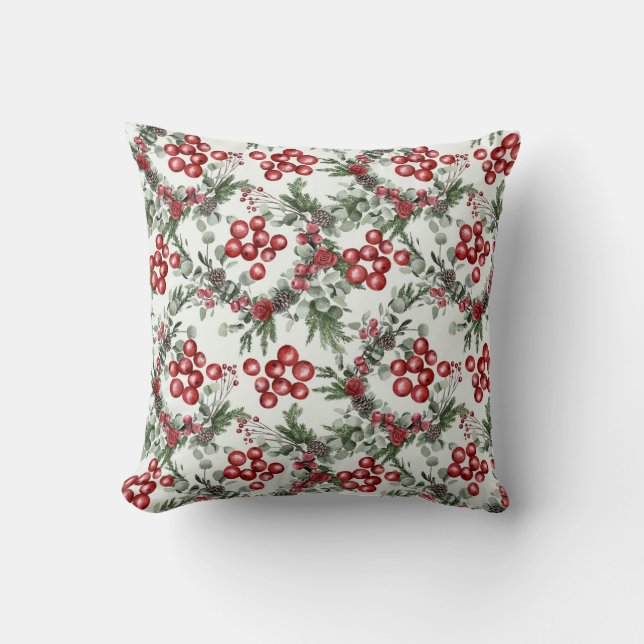 Christmas Watercolor Berries Pattern Cushion (Front)