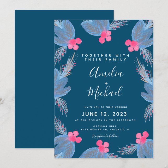Christmas Watercolor Berry Blue Botanical Wedding Invitation (Front/Back)