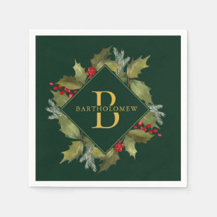 Christmas Watercolor Big Monogram Holly Wreath Napkin