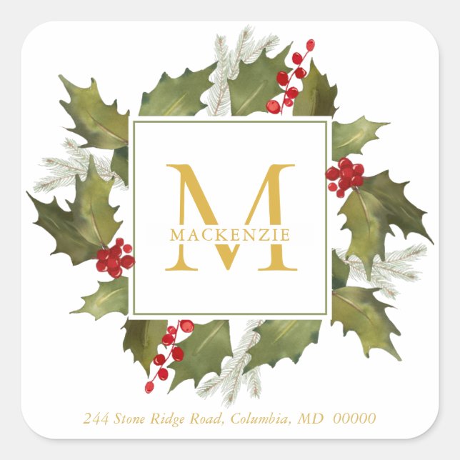 Christmas Watercolor Big Monogram Holly Wreath Square Sticker (Front)