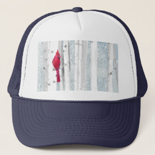 Christmas Watercolor Birch Trees Cardinal Red Bird Trucker Hat