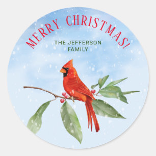 Christmas Watercolor Blue Green Red Cardinal Bird Classic Round Sticker