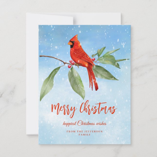 Christmas Watercolor Blue Green Red Cardinal Bird Holiday Card (Front)