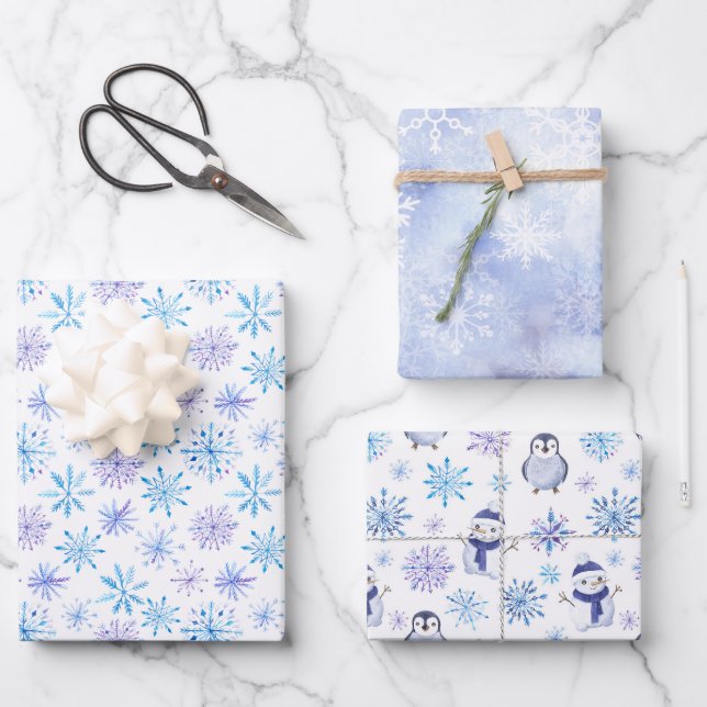 Christmas Watercolor Blue Snowflake  Wrapping Paper Sheet (Front)