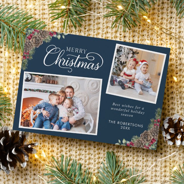 Christmas Watercolor Botanical 2 Photo Navy Blue  Holiday Card (Creator Uploaded)