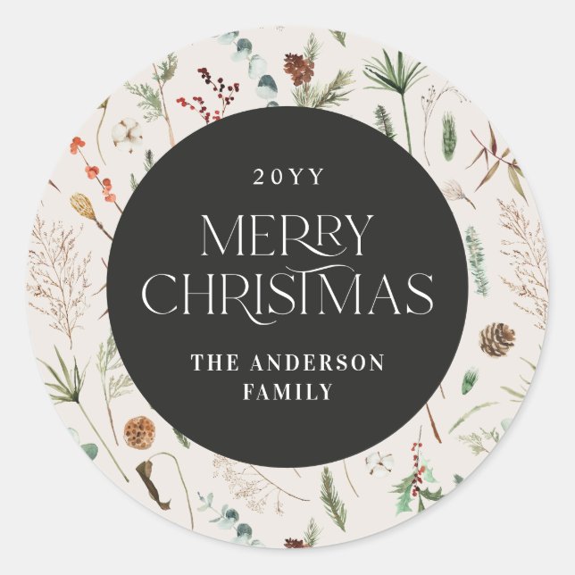 Christmas watercolor botanical floral black white classic round sticker (Front)