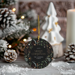 Christmas watercolor botanical floral dark moody ceramic ornament