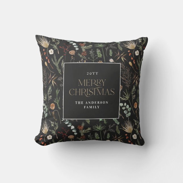 Christmas watercolor botanical floral dark moody cushion (Front)
