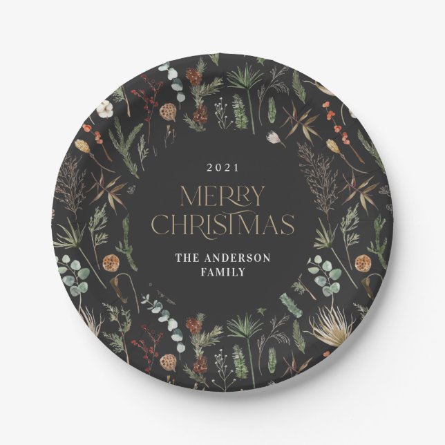 Christmas watercolor botanical floral dark moody paper plate (Front)