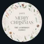 Christmas watercolor botanical floral natural classic round sticker<br><div class="desc">Christmas foliage watercolor botanical floral dark moody modern natural cream holiday gift wrap sticker favour design.</div>