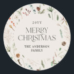 Christmas watercolor botanical floral natural classic round sticker<br><div class="desc">Christmas foliage watercolor botanical floral dark moody modern natural cream holiday gift wrap sticker favour design.</div>